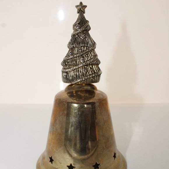Christmas Hand Held Bell, Metal Fluted Christmas Tree Bell  With Stars 6" Tall - Picture 1 of 4